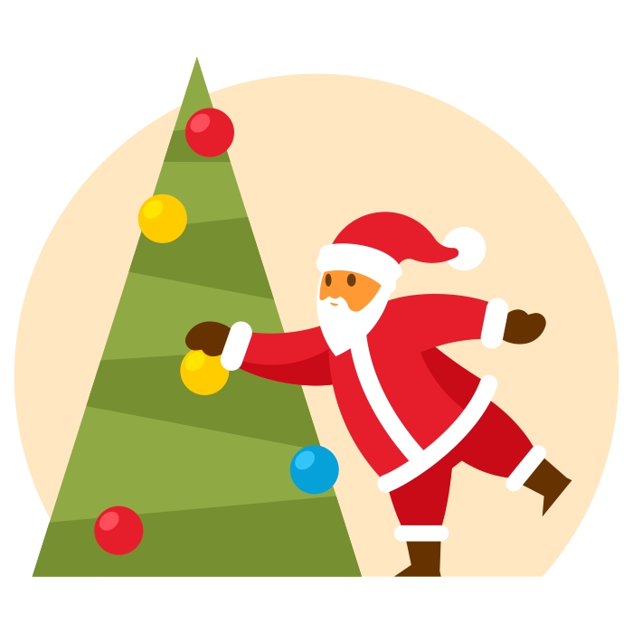 Papá Noel decorando un abeto