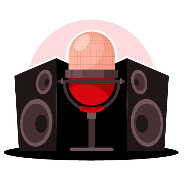 Paar Lautsprecher und ein großes Mikrofon