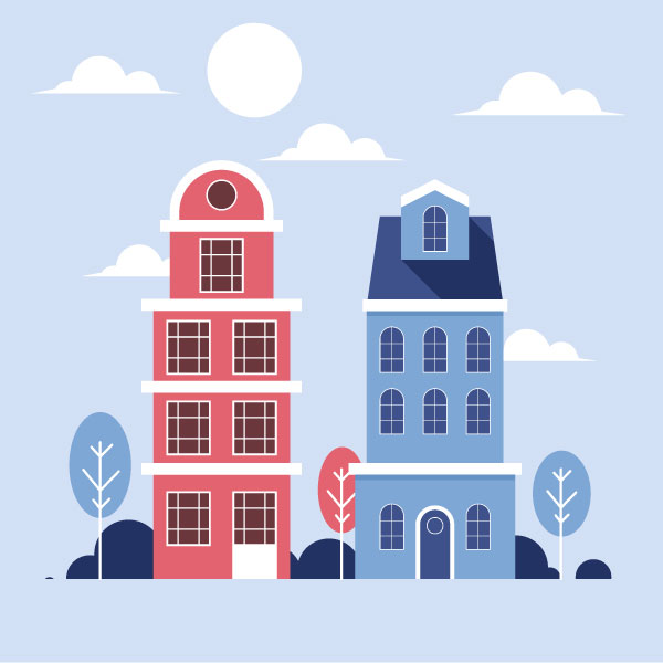 Rote und blaue Gebäude