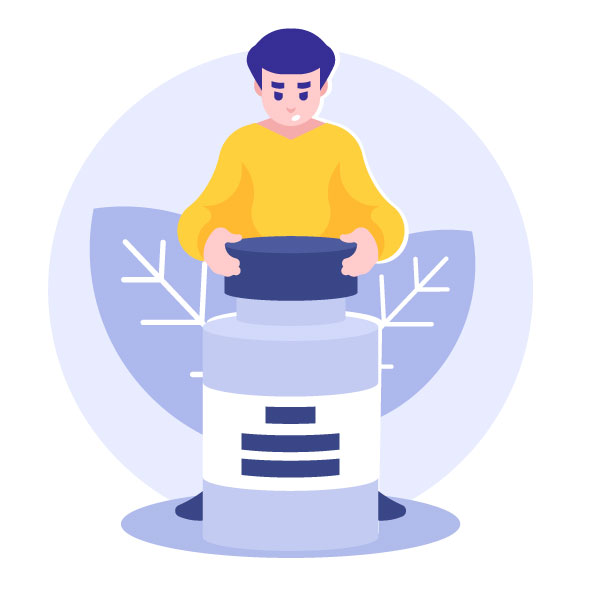 El paciente abre un frasco con pastillas