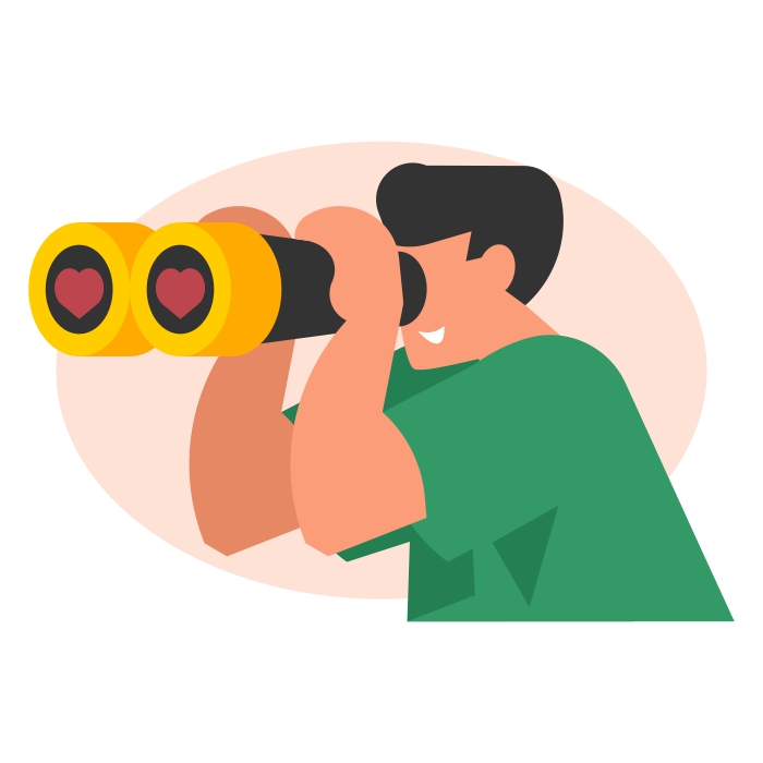 Ein Mann sucht mit einem Fernglas nach Liebe