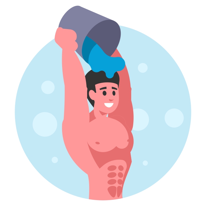 El hombre se echa un jarro de agua fría sobre sí mismo