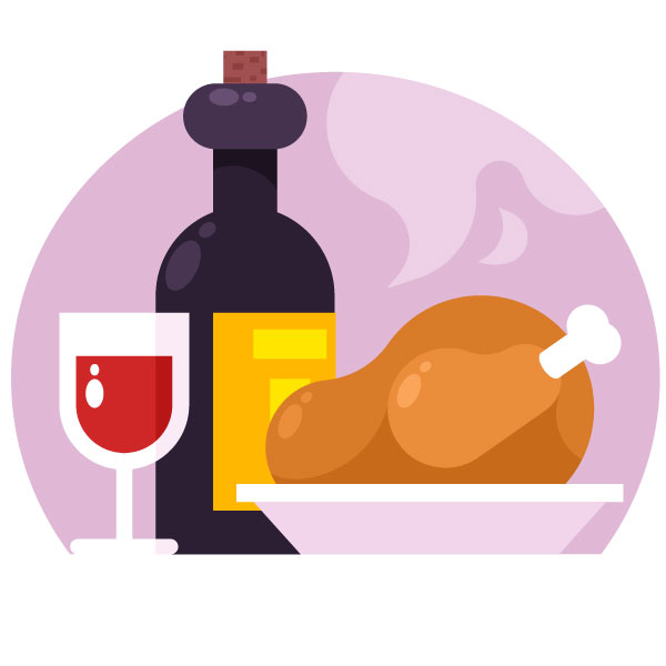 Essen mit einem Glas Wein