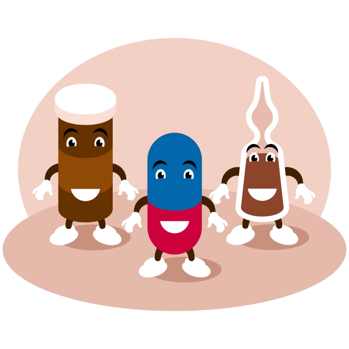 Personajes de ampollas y pastillas