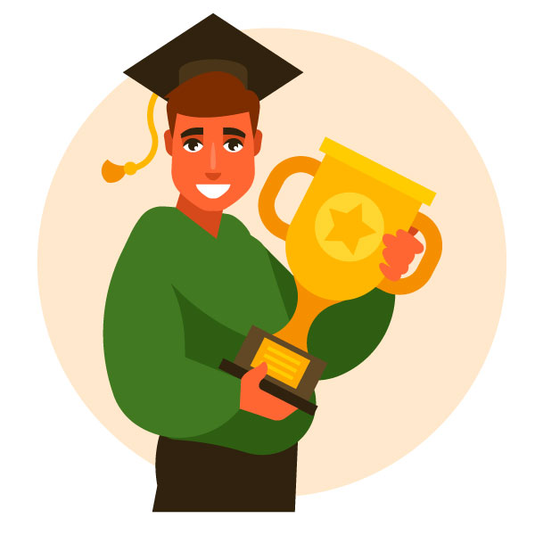 Estudiante universitario con un trofeo