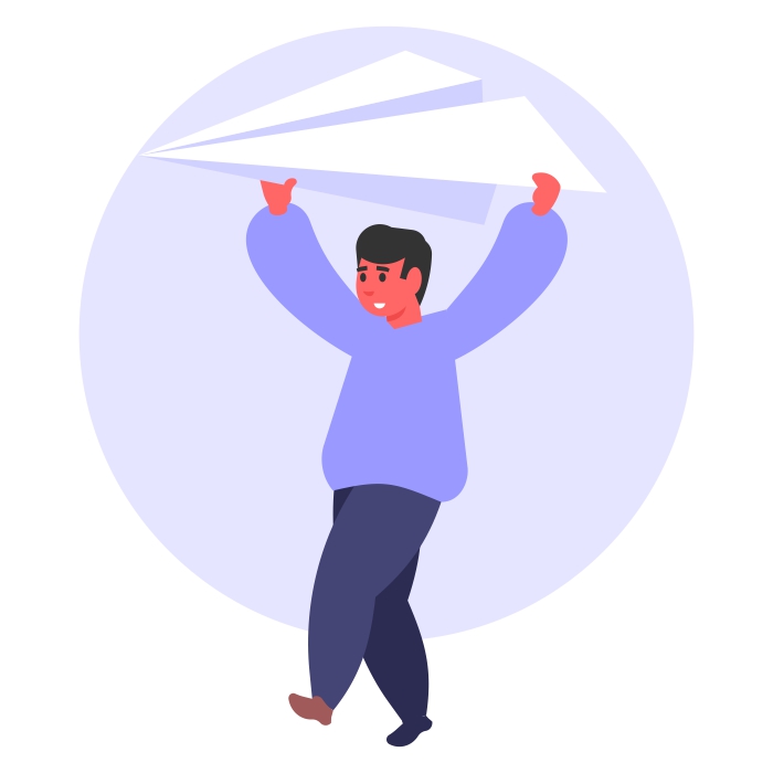 Un hombre lanza un avión de papel