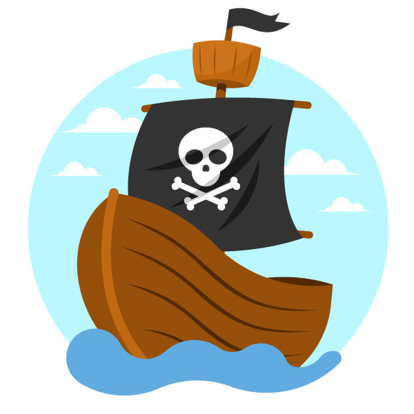 Barco pirata de madera con bandera