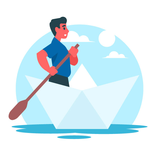 Un hombre rema en un barco de papel